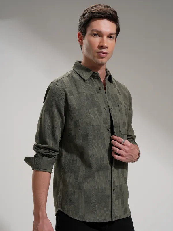Highlander Men Olive Self Design Slim Fit Casual Shirt
