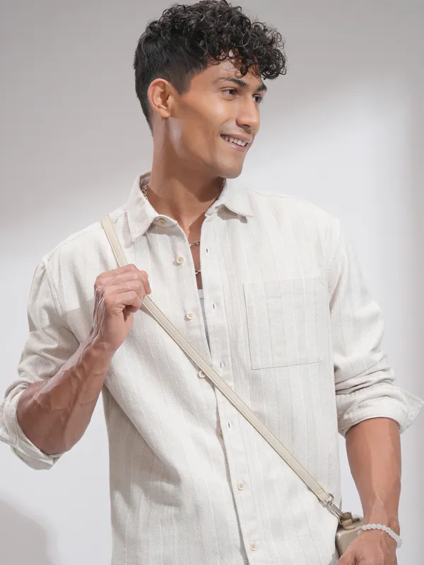 Highlander Men White Striped Relaxed Fit Casual Shirt