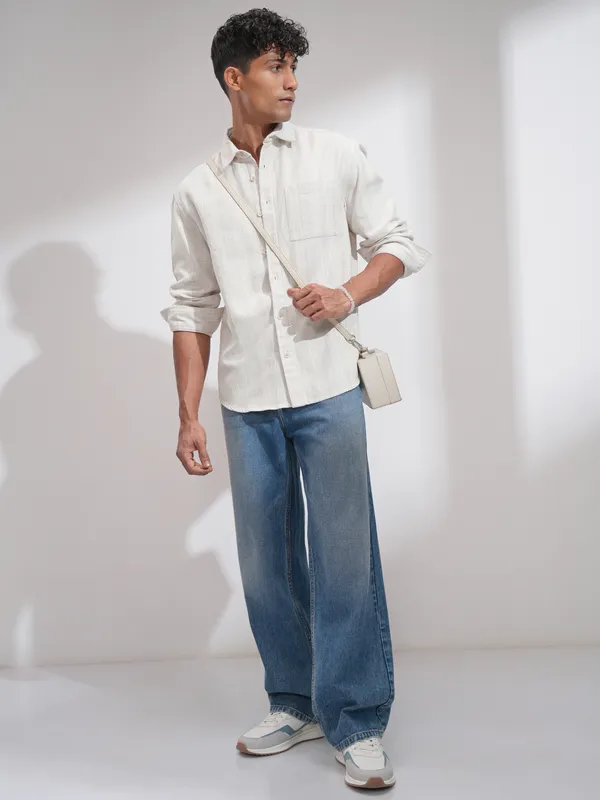 Highlander Men White Striped Relaxed Fit Casual Shirt