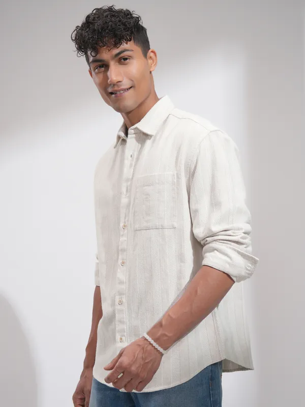 Highlander Men White Striped Relaxed Fit Casual Shirt