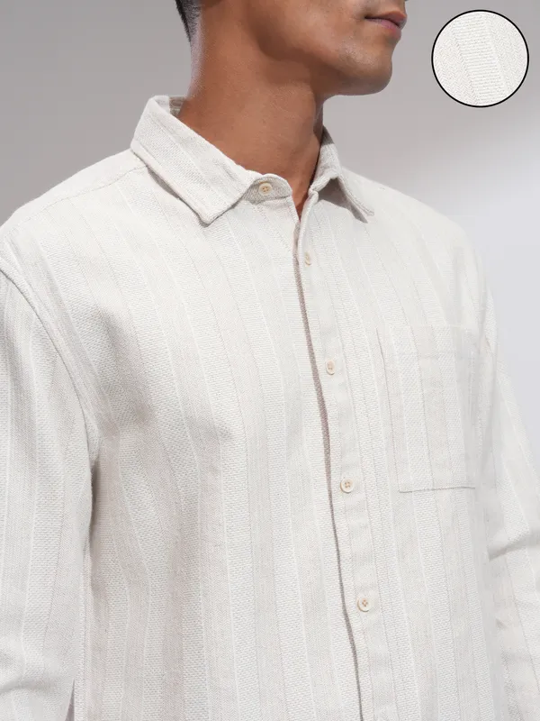 Highlander Men White Striped Relaxed Fit Casual Shirt