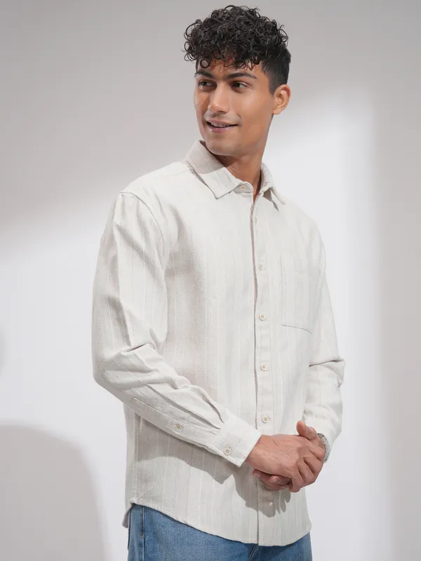 Highlander Men White Striped Relaxed Fit Casual Shirt