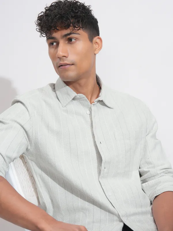 Highlander Men White Striped Relaxed Fit Casual Shirt