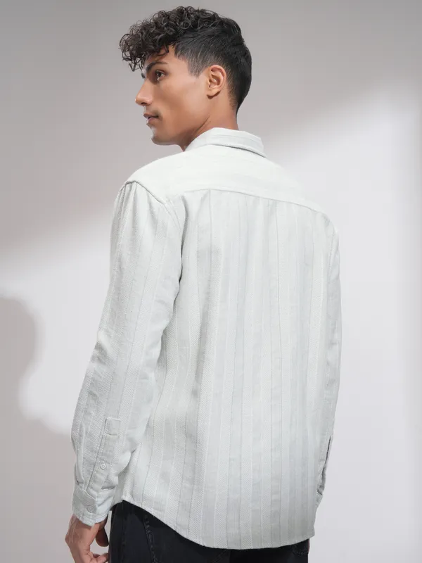 Highlander Men White Striped Relaxed Fit Casual Shirt