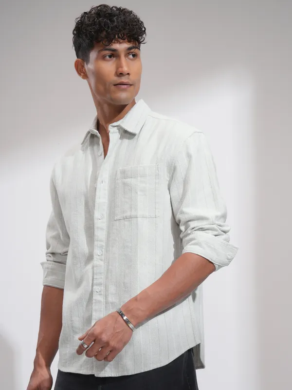 Highlander Men White Striped Relaxed Fit Casual Shirt