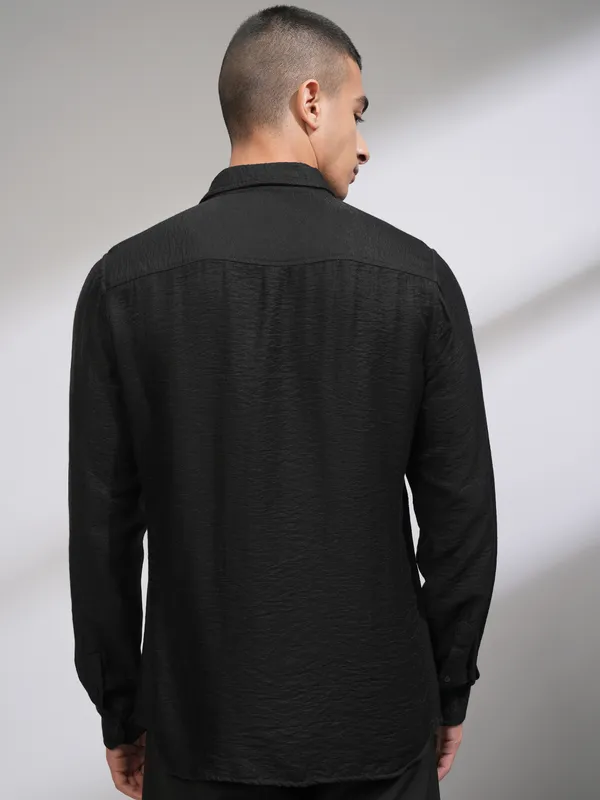 Highlander Men Black Self Design Slim Fit Casual Shirt