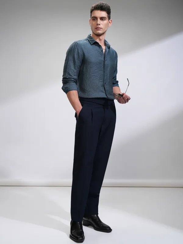 Highlander Men Blue Self Design Slim Fit Casual Shirt