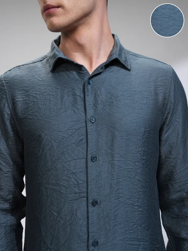 Highlander Men Blue Self Design Slim Fit Casual Shirt