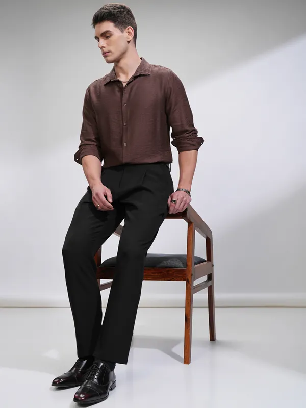 Highlander Men Brown Self Design Slim Fit Casual Shirt