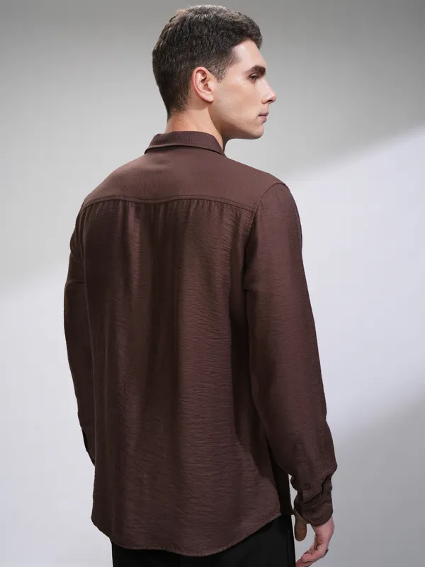 Highlander Men Brown Self Design Slim Fit Casual Shirt