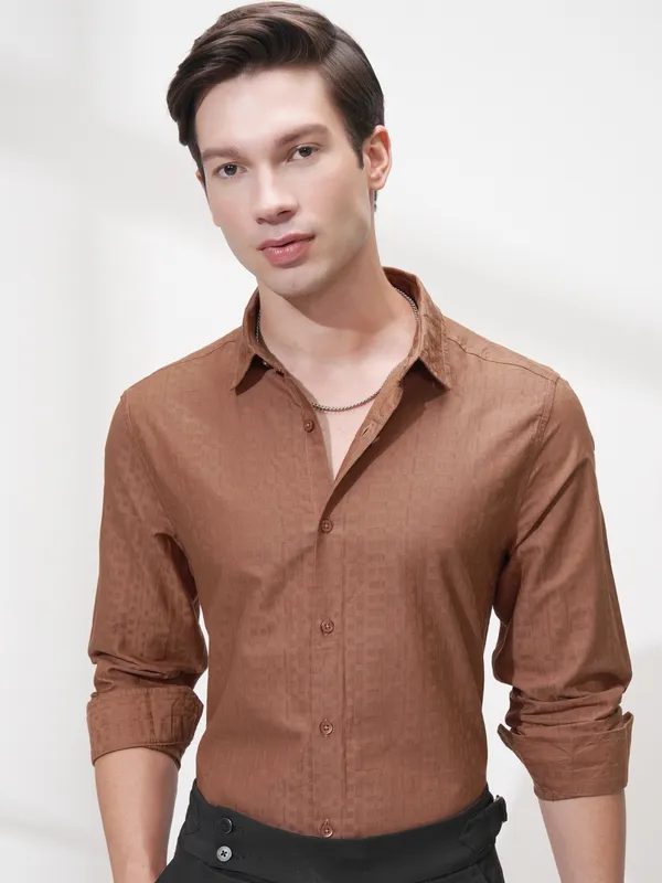 Highlander Men Rust Self Design Slim Fit Casual Shirt