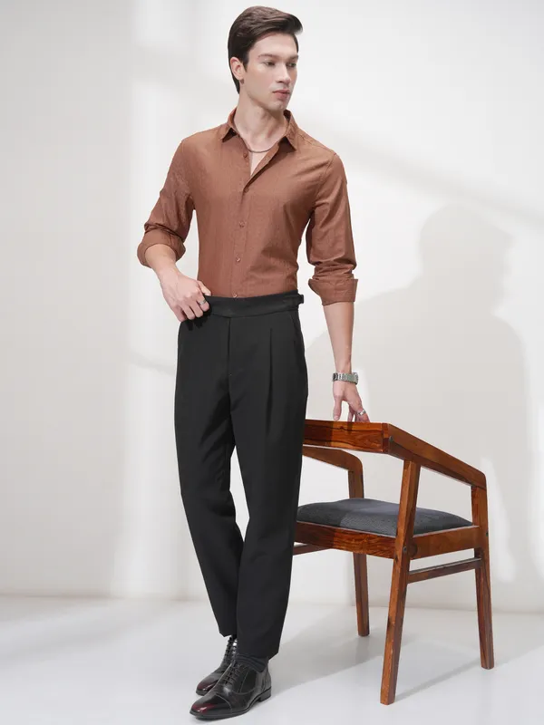 Highlander Men Rust Self Design Slim Fit Casual Shirt