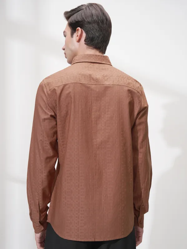 Highlander Men Rust Self Design Slim Fit Casual Shirt