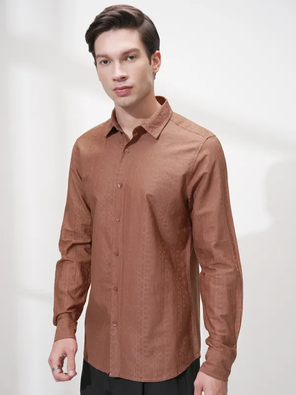 Highlander Men Rust Self Design Slim Fit Casual Shirt