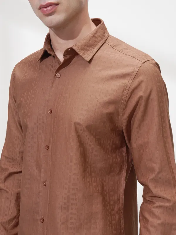 Highlander Men Rust Self Design Slim Fit Casual Shirt