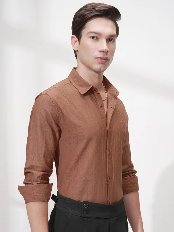 Highlander Men Rust Self Design Slim Fit Casual Shirt
