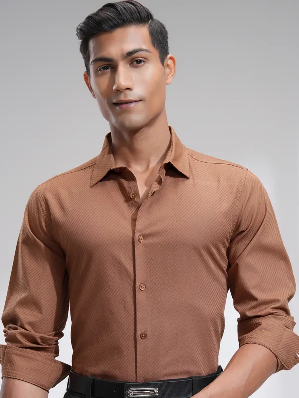 Highlander Men Rust Textured Slim Fit Casual Shirt