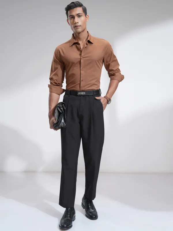 Highlander Men Rust Textured Slim Fit Casual Shirt