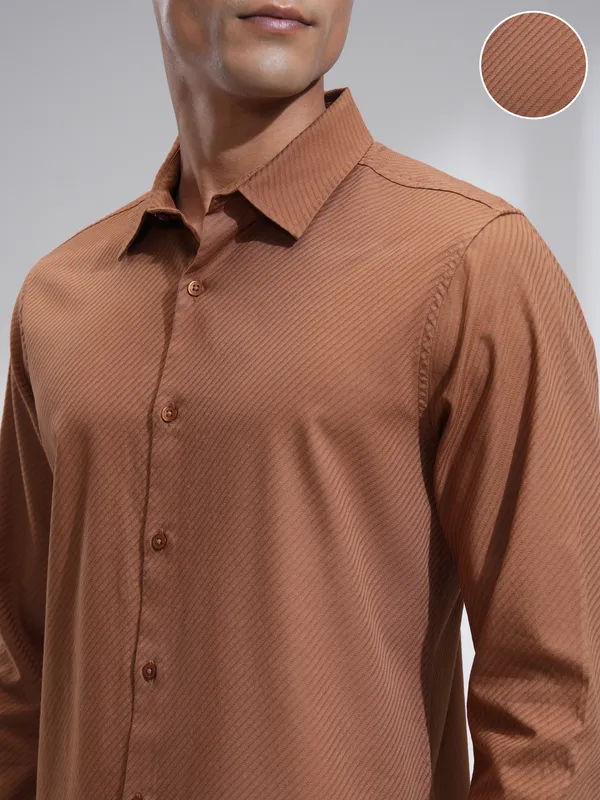 Highlander Men Rust Textured Slim Fit Casual Shirt