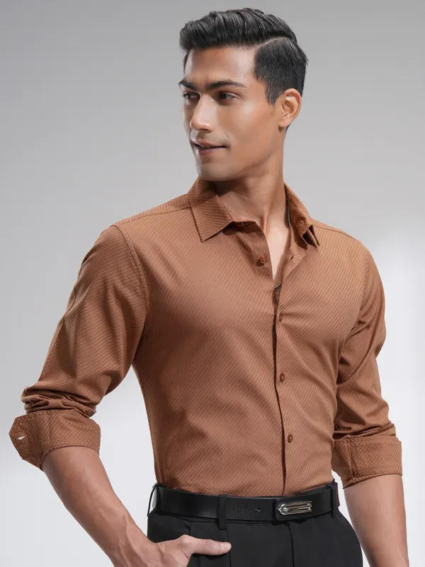 Highlander Men Rust Textured Slim Fit Casual Shirt