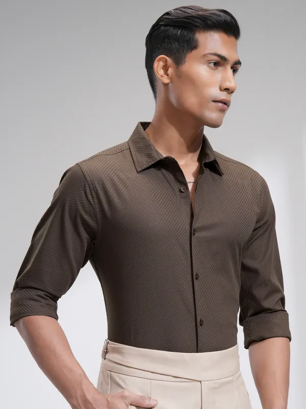 Highlander Men Khaki Textured Slim Fit Casual Shirt