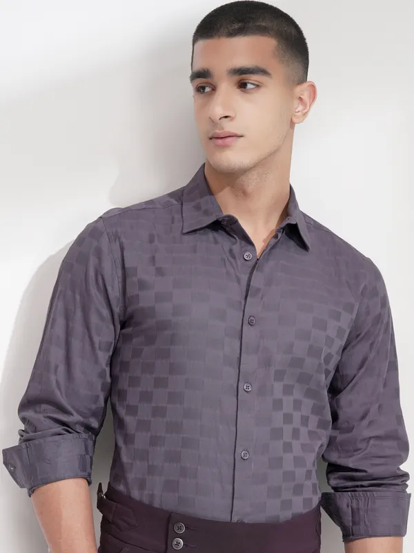 Highlander Men Purple Self Design Slim Fit Casual Shirt