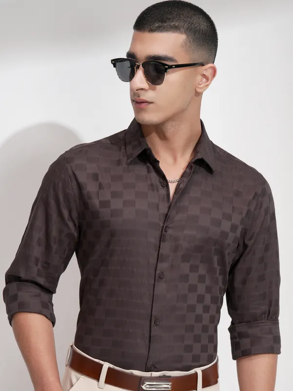 Highlander Men Brown Self Design Slim Fit Casual Shirt