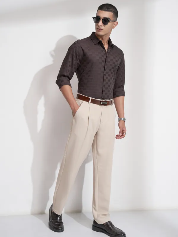 Highlander Men Brown Self Design Slim Fit Casual Shirt