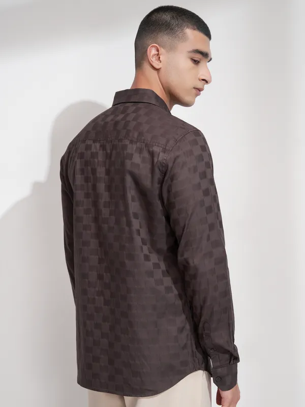 Highlander Men Brown Self Design Slim Fit Casual Shirt