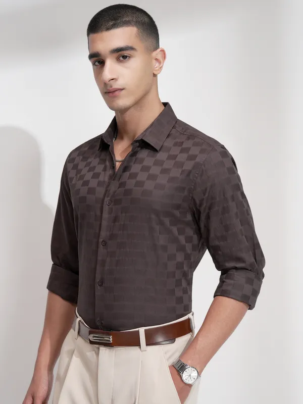 Highlander Men Brown Self Design Slim Fit Casual Shirt