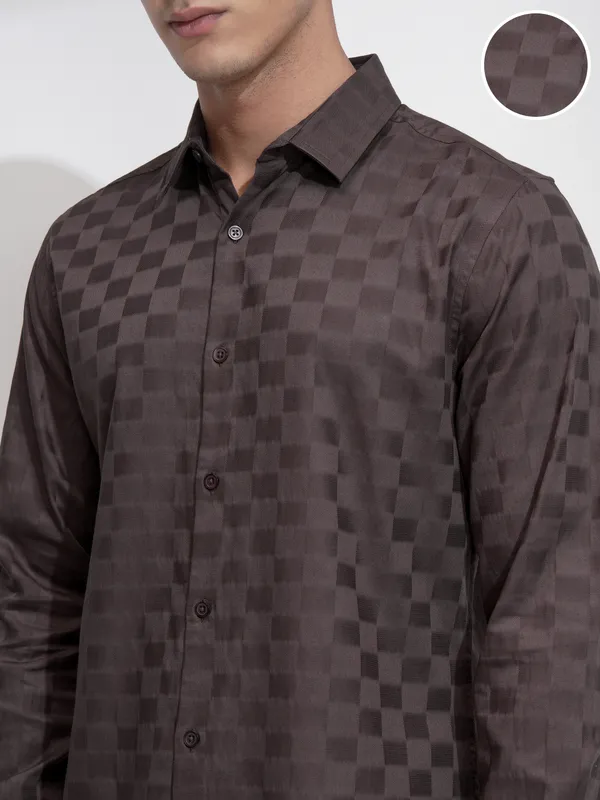 Highlander Men Brown Self Design Slim Fit Casual Shirt