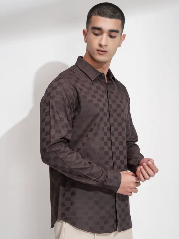 Highlander Men Brown Self Design Slim Fit Casual Shirt