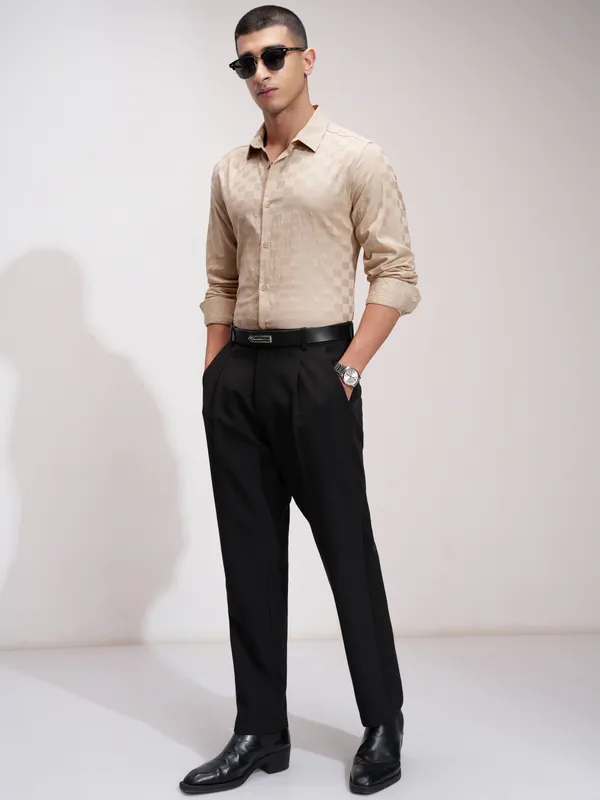 Highlander Men Beige Self Design Slim Fit Casual Shirt