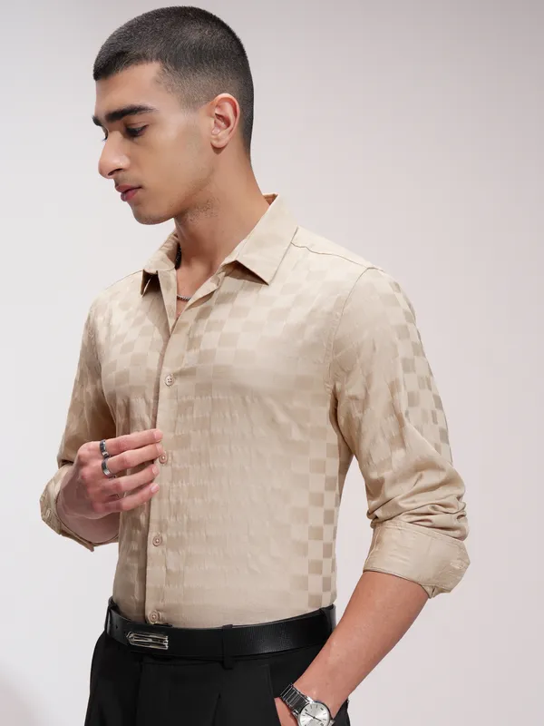 Highlander Men Beige Self Design Slim Fit Casual Shirt
