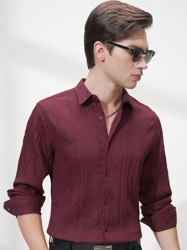 Highlander Men Maroon Striped Slim Fit Casual Shirt