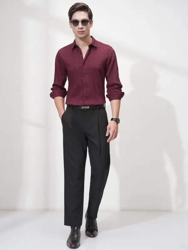 Highlander Men Maroon Striped Slim Fit Casual Shirt