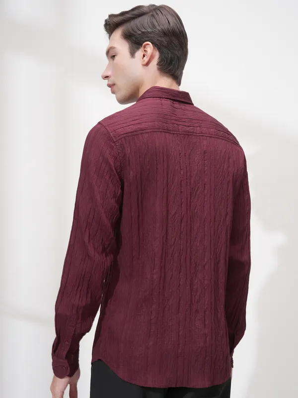 Highlander Men Maroon Striped Slim Fit Casual Shirt