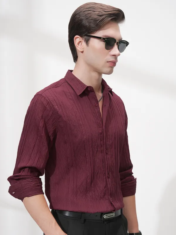 Highlander Men Maroon Striped Slim Fit Casual Shirt