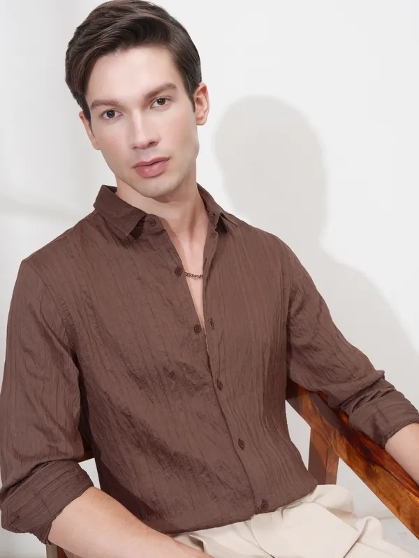 Highlander Men Brown Striped Slim Fit Casual Shirt