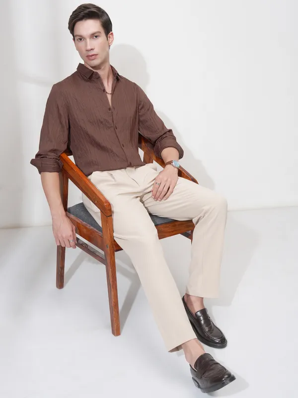 Highlander Men Brown Striped Slim Fit Casual Shirt