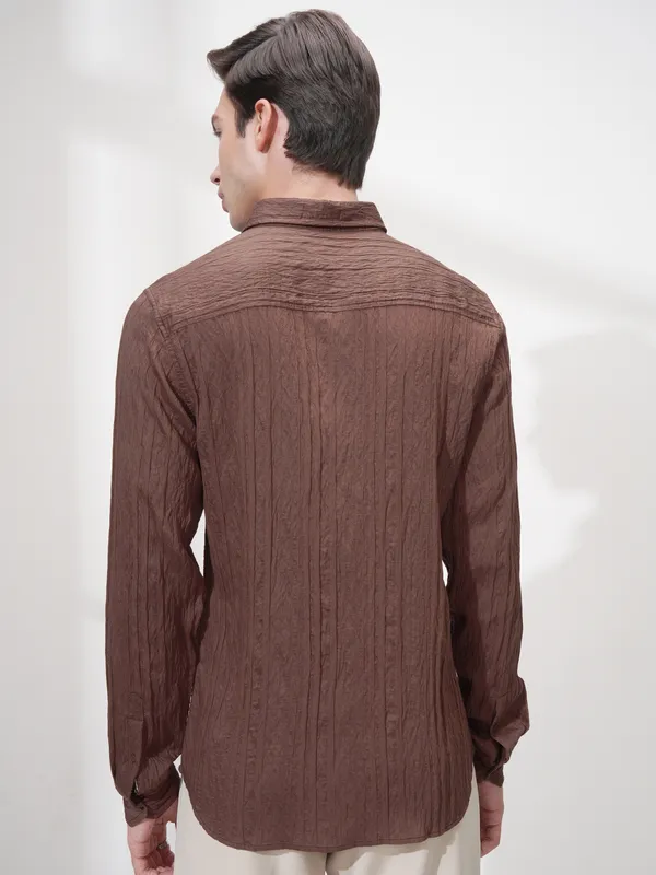 Highlander Men Brown Striped Slim Fit Casual Shirt