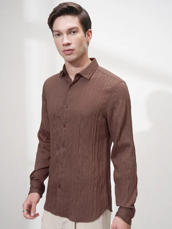 Highlander Men Brown Striped Slim Fit Casual Shirt