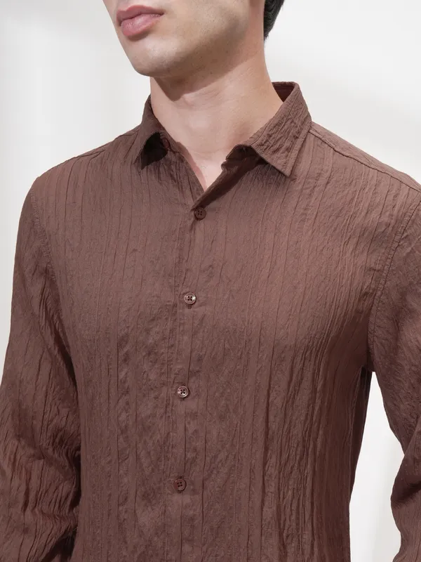 Highlander Men Brown Striped Slim Fit Casual Shirt
