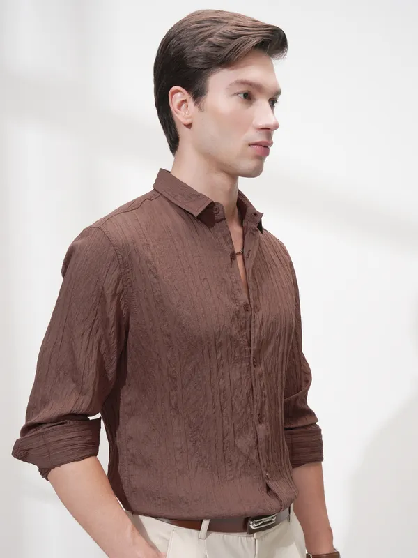 Highlander Men Brown Striped Slim Fit Casual Shirt