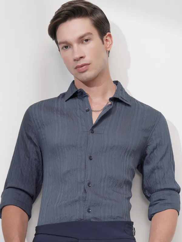Highlander Men Blue Striped Slim Fit Casual Shirt