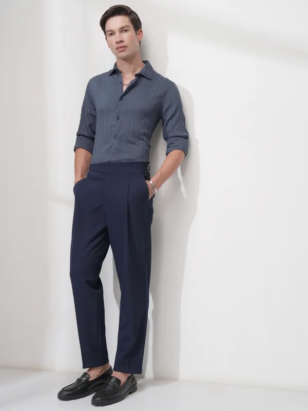 Highlander Men Blue Striped Slim Fit Casual Shirt