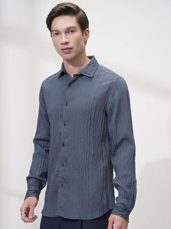 Highlander Men Blue Striped Slim Fit Casual Shirt