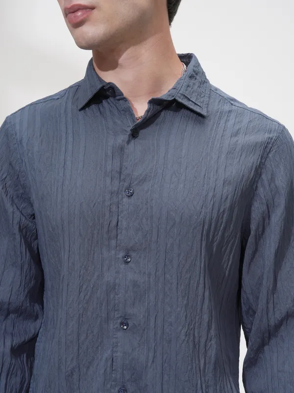 Highlander Men Blue Striped Slim Fit Casual Shirt
