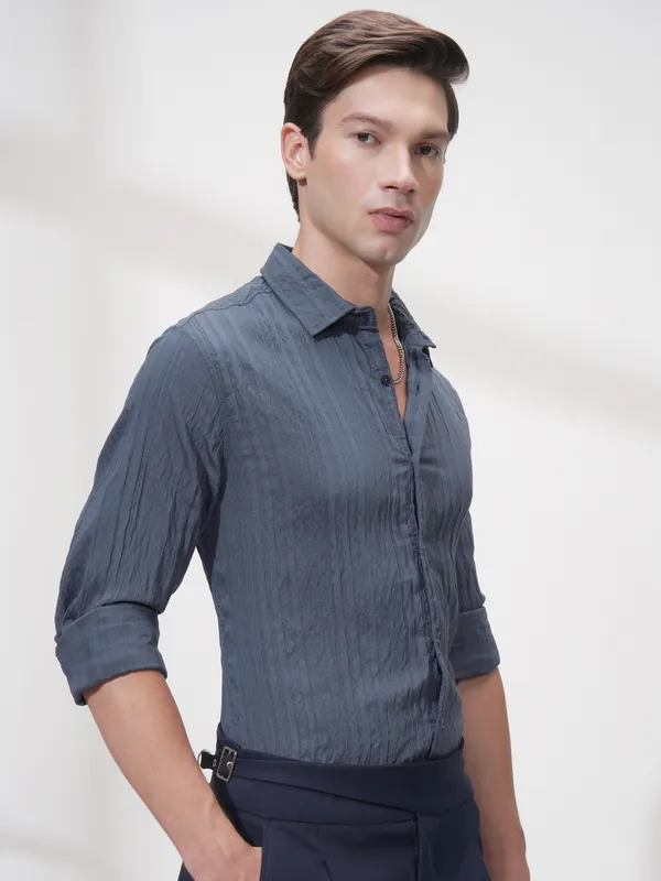 Highlander Men Blue Striped Slim Fit Casual Shirt