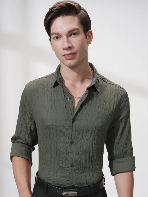 Highlander Men Olive Striped Slim Fit Casual Shirt